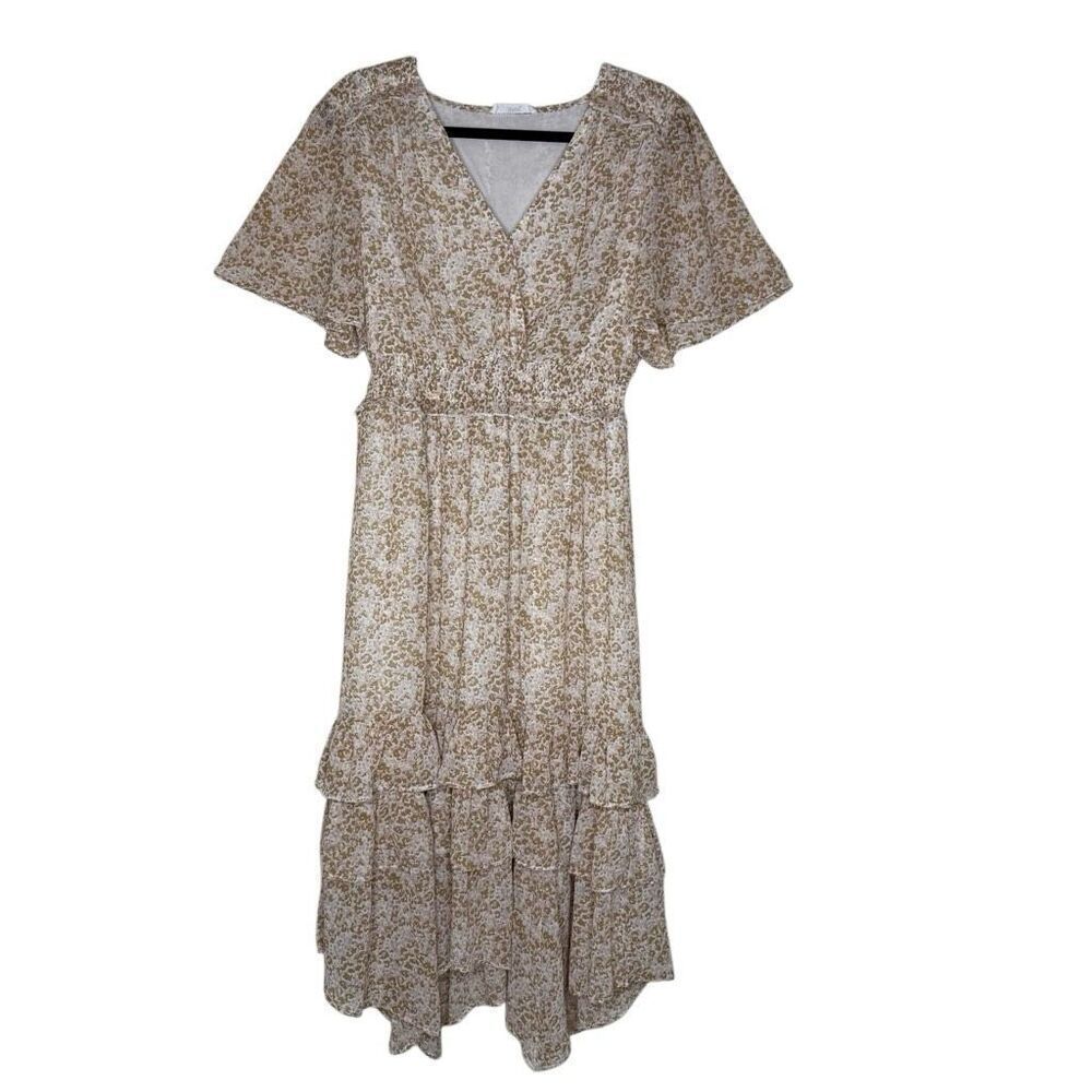 Anthropologie Talulah Tiered Midi Dress Tan & Pink Floral Flutter Sleeve Size L